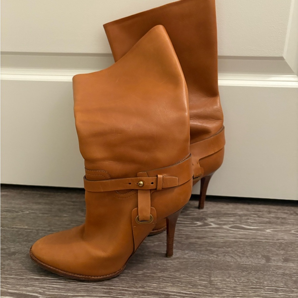Ralph Lauren Cognac Leather High-Heel Slouch Boots - Picture 2 of 9